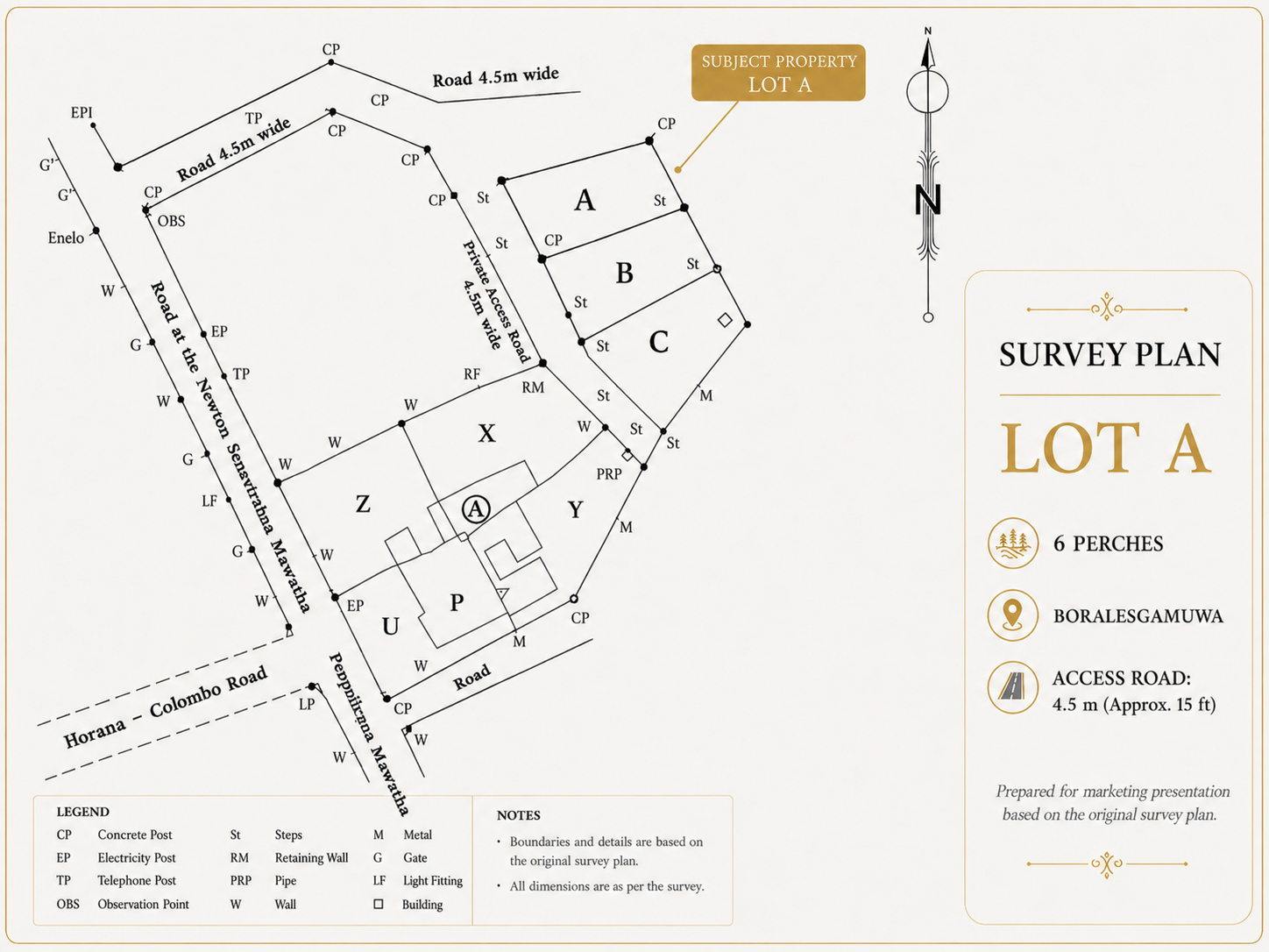 Survey plan highlighting Lot A, 6-perch residential land in Boralesgamuwa with approximately 4.5 metre access road